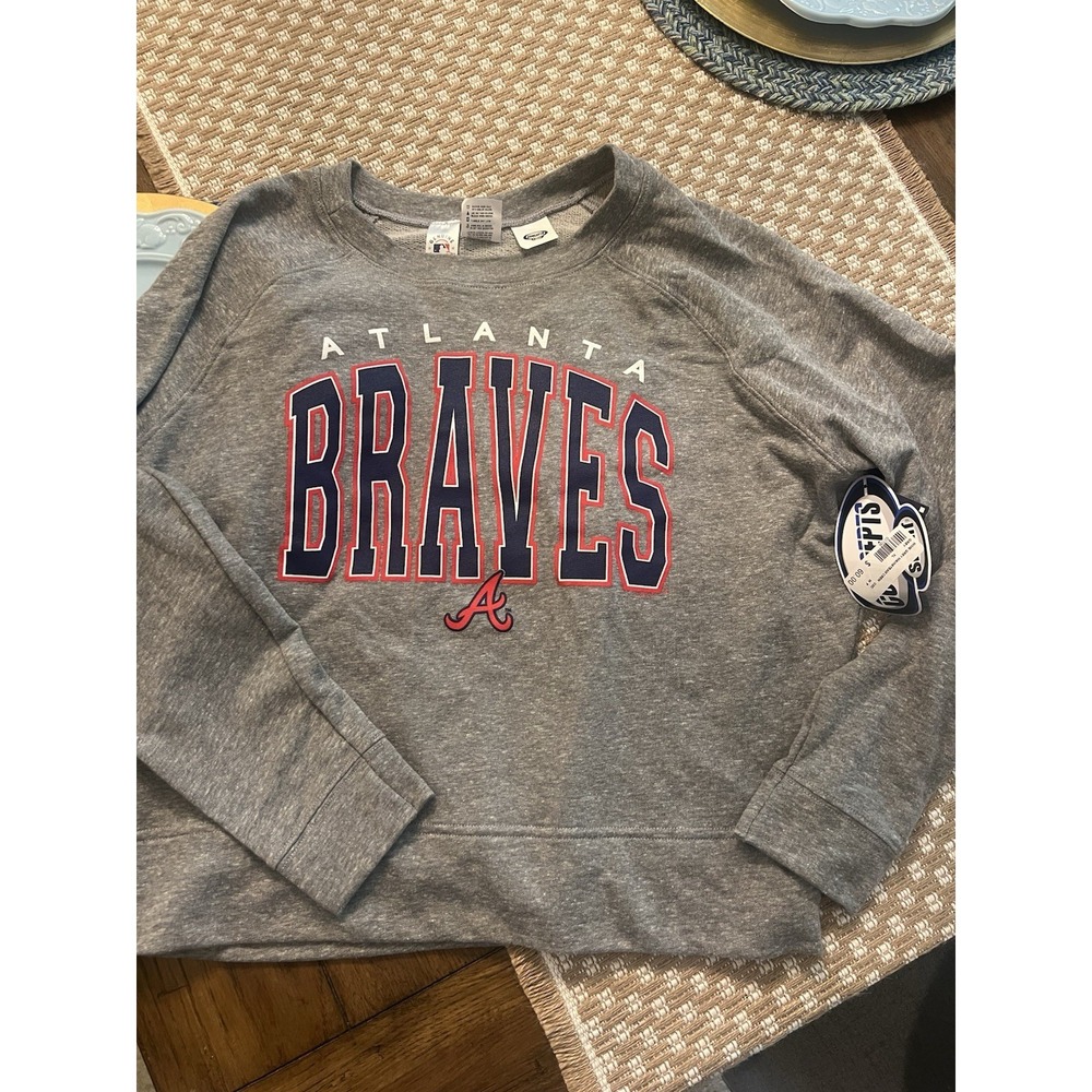 NWT Atlanta Braves Longer Crop Sweatshirt Womens XL Gray Retro Logo Lightweight
